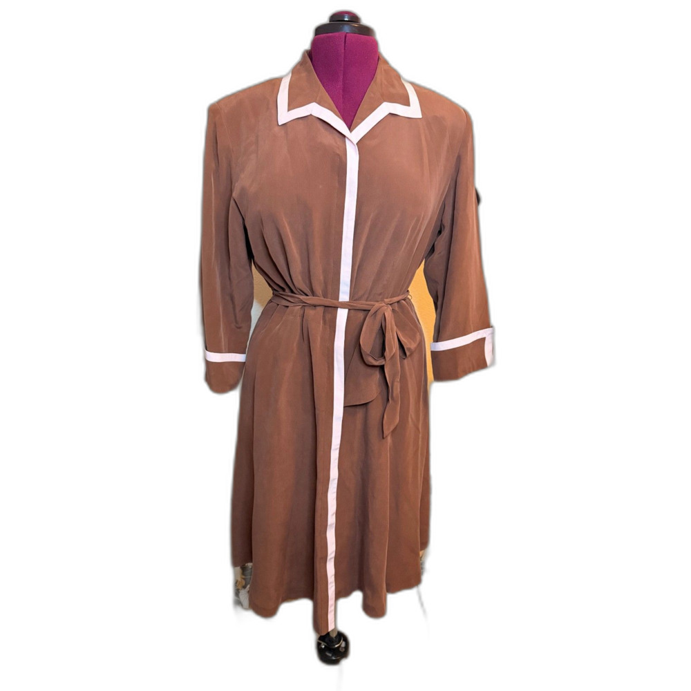 Debra McGuire Mid Century Brown Silk Shirt Dress 16 Midi Belted Retro Old Money